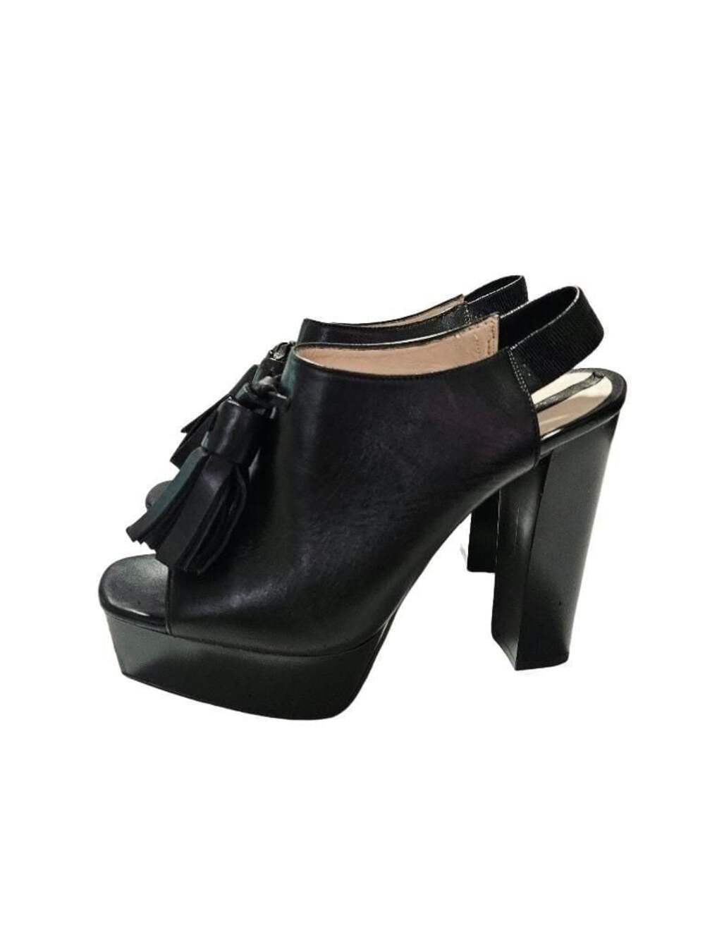 Zara Black Leather Tassel Platform Mules Size 7 Open Toe High Heels